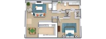 Three dimensional floor plan of a one bedroom