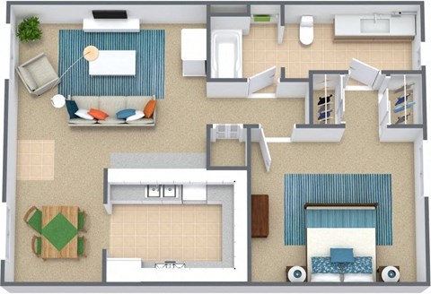 Three dimensional floor plan of a one bedroom