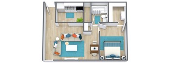 three dimensional floor plan of a one bedroom apartment