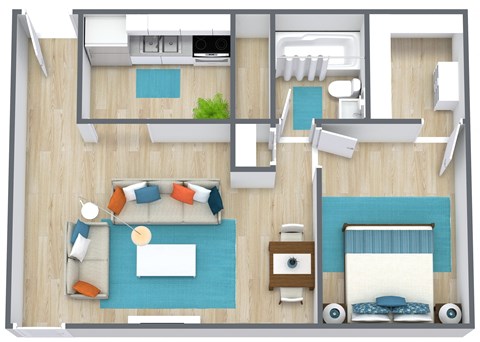 three dimensional floor plan of a one bedroom apartment