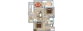 Three dimensional floor plan of a two bedroom