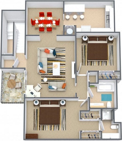 Three dimensional floor plan of a two bedroom