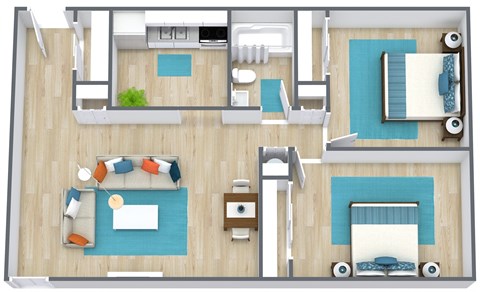 two dimensional floor plan of a two bedroom