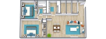 Three dimensional image of a two bedroom floor plan