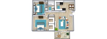 Three dimensional rendering of a two bedroom one bathroom floor plan at Chouteau Heights in Kansas City, Missouri