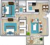 Three dimensional rendering of a two bedroom one bathroom floor plan at Chouteau Heights in Kansas City, Missouri