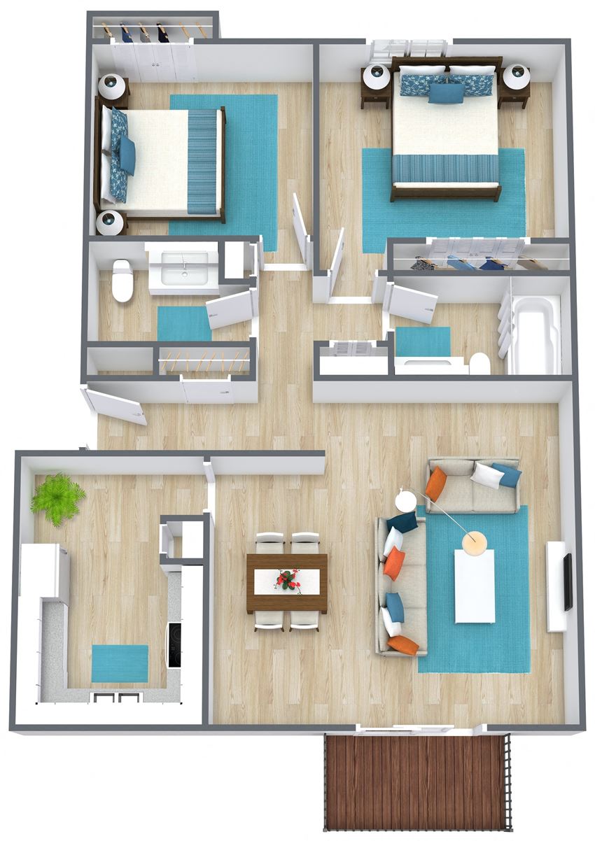 3D floor plan of a two bedroom