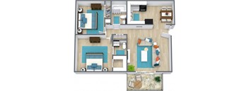 Three dimensional rendering of a one bedroom floor plan at Chouteau Heights in Kansas City, Missouri