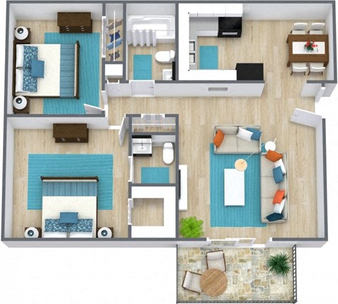 Three dimensional rendering of a one bedroom floor plan at Chouteau Heights in Kansas City, Missouri