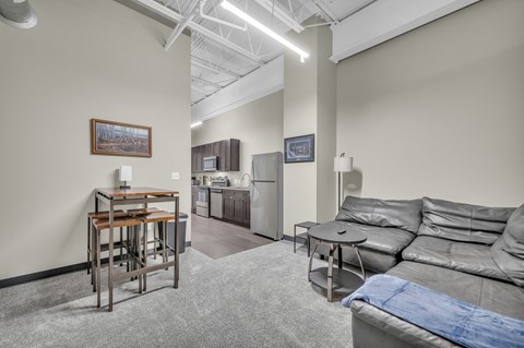 A living room with a grey couch and a grey kitchen in the background.