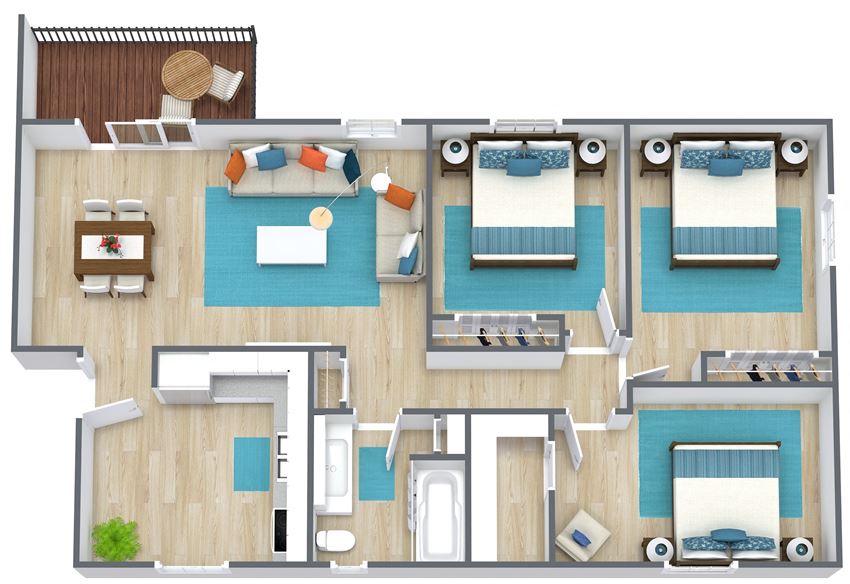 3D floor plan of a three bedroom