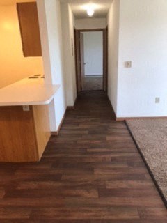 Kitchen with breakfast bar and hallway