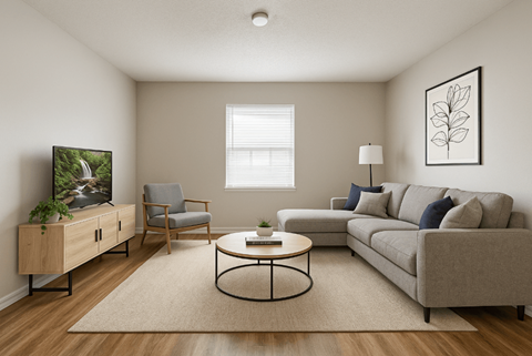 A living room with a grey sofa, a wooden cabinet, a chair, a coffee table, and a framed picture on the wall.