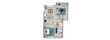 A top-down view of a house layout with a kitchen, living room, dining area, and bathroom.