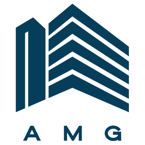 A blue graphic with the letters "AMG" below it.