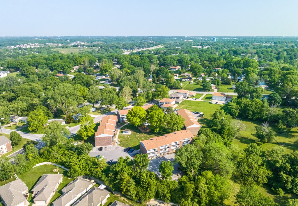 arial view of a neighborhood with houses and trees