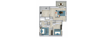 A floor plan of a house with a kitchen, living room, and two bedrooms.
