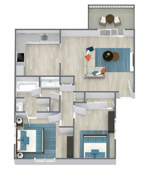 A floor plan of a house with a kitchen, living room, and two bedrooms.