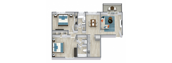 A floor plan of a house with a living room, kitchen, and two bedrooms.