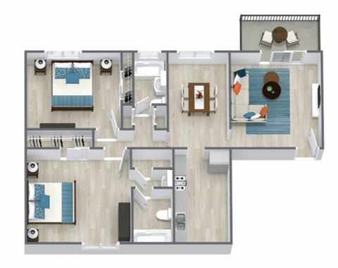 A floor plan of a house with a living room, kitchen, and two bedrooms.