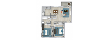 A 3D floor plan of a house with a kitchen, living room, and bathroom.
