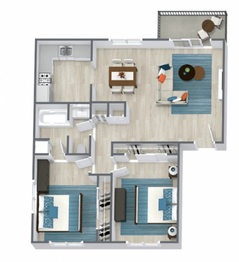 A 3D floor plan of a house with a kitchen, living room, and bathroom.