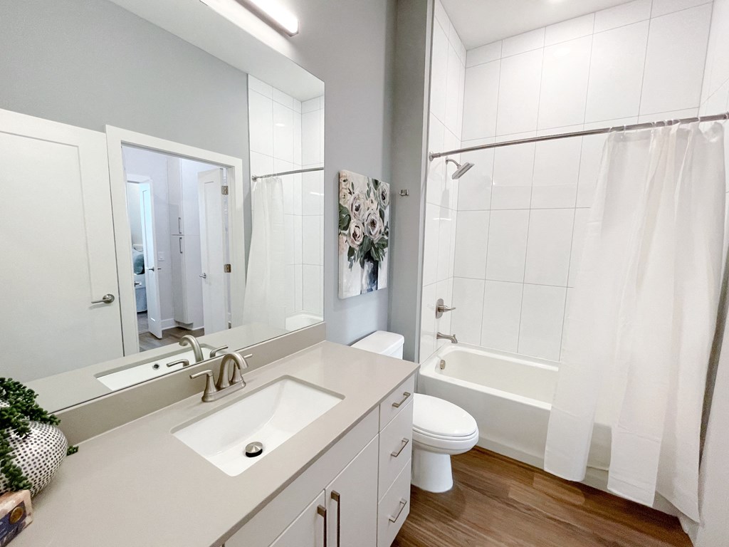 a bathroom with a sink and a shower and a toilet