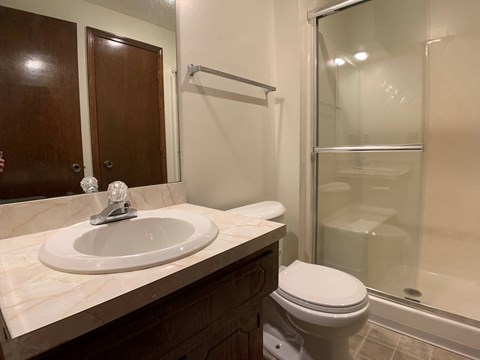 Bathroom with vanity, toilet, mirror, and shower