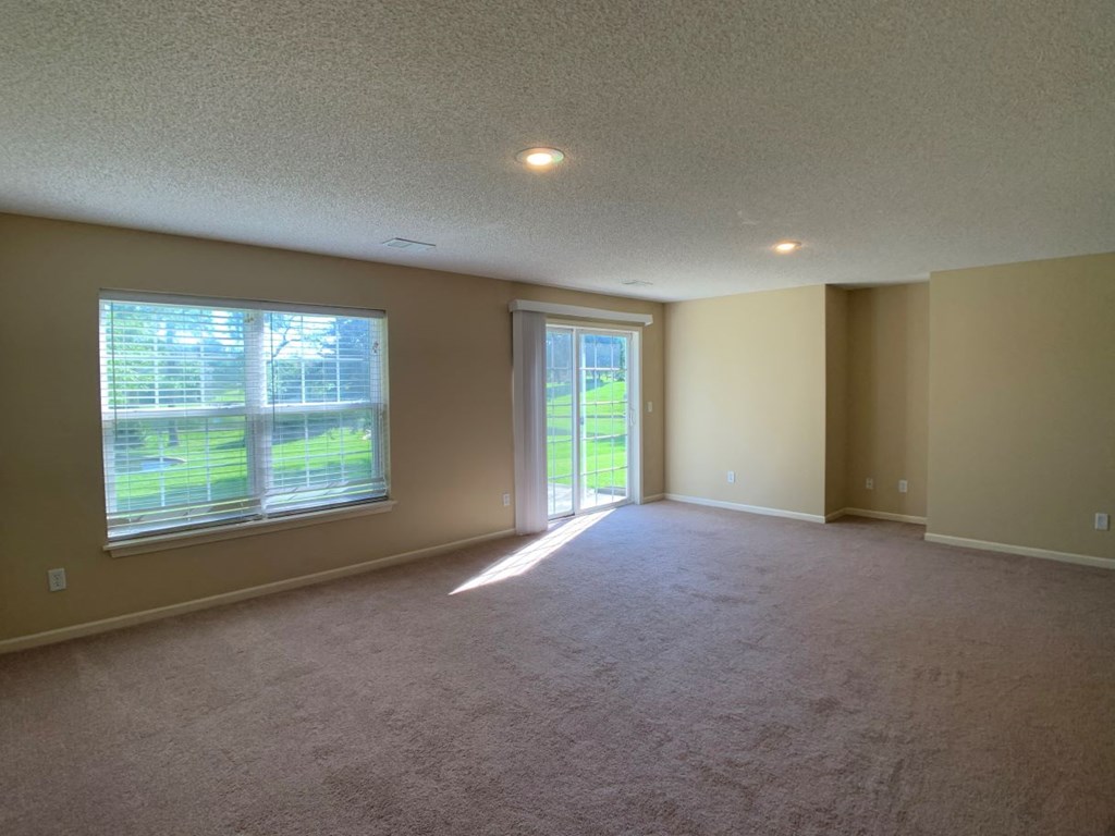 Photo of carpeted basement with sliding glass door