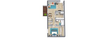 Brookside's one-bedroom floorplan with furniture