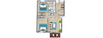 Brookside's two-bedroom floorplan with furniture.