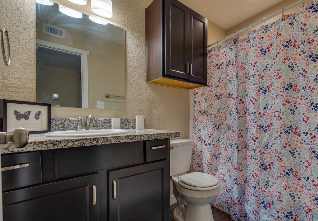 a bathroom with a toilet sink mirror and shower curtain at Residences at Lakeshore Apartments, Oklahoma City, Oklahoma