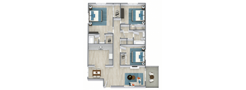 A floor plan of a house with a kitchen, living room, and two bedrooms.
