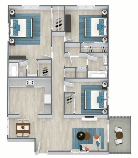 A floor plan of a house with a kitchen, living room, and two bedrooms.
