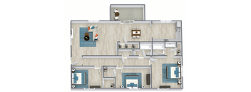 A floor plan of a house with a kitchen, living room, and two bedrooms.
