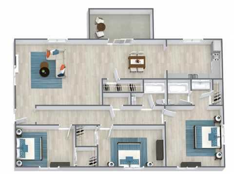 A floor plan of a house with a kitchen, living room, and two bedrooms.