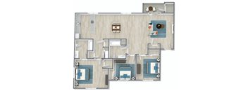 A 3D floor plan of a house with rooms and furniture.