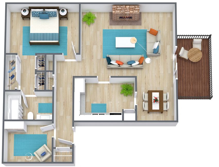 3D floor plan of a one bedroom with den