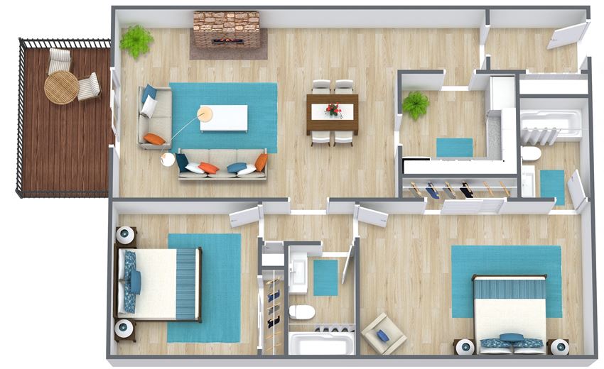 3D floor plan of a two bedroom