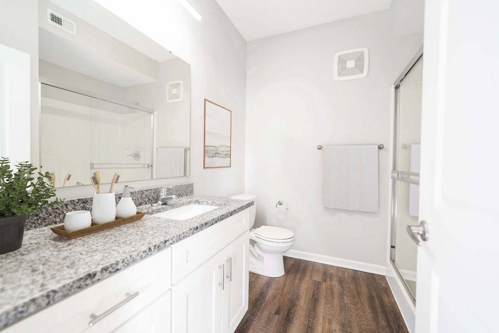 A white bathroom with a toilet, sink, and mirror.