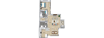 3D image of one bedroom floor plan