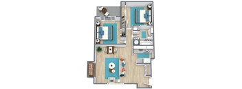 3d floor plan of two bedroom at Eddingham place near KU University of Kansas