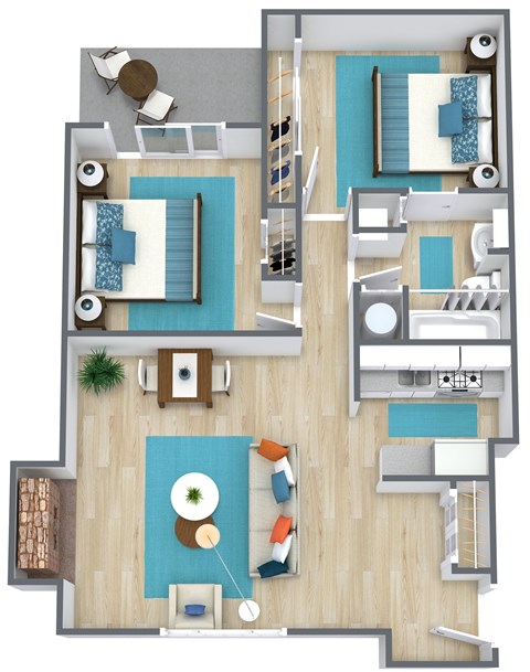 3d floor plan of two bedroom at Eddingham place near KU University of Kansas