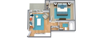 a 3d rendering of a bedroom with a bed and a living room