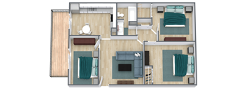 a 3d floor plan of a bedroom with a living room