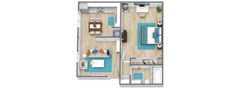 a stylized floor plan with a bedroom and living room