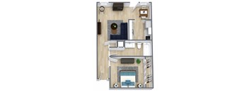 A top-down view of a small apartment with a kitchen, living room, and bedroom.