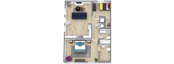 A top-down view of a living room with a couch, coffee table, and a rug.