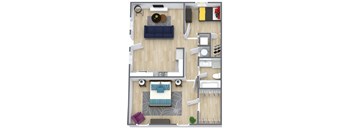 A top-down view of a living room with a blue couch, a coffee table, and a television.