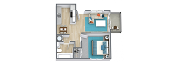 a stylized floor plan with a bedroom a bathroom a patio and a living room